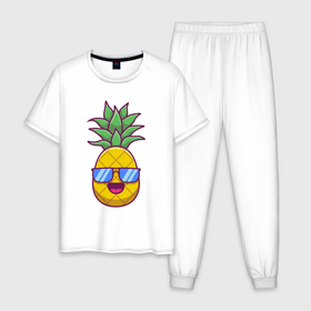 Мужская пижама хлопок с принтом Позитивный ананасик в Санкт-Петербурге, 100% хлопок | брюки и футболка прямого кроя, без карманов, на брюках мягкая резинка на поясе и по низу штанин
 | 
