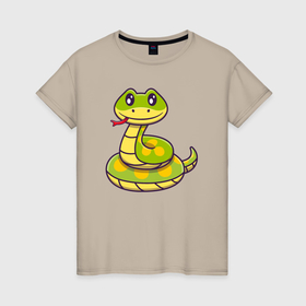 Женская футболка хлопок с принтом Милая змейка , 100% хлопок | прямой крой, круглый вырез горловины, длина до линии бедер, слегка спущенное плечо | Тематика изображения на принте: 