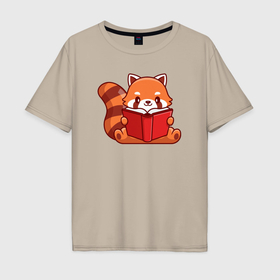 Мужская футболка хлопок Oversize с принтом Красная панда с книгой в Санкт-Петербурге, 100% хлопок | свободный крой, круглый ворот, “спинка” длиннее передней части | 