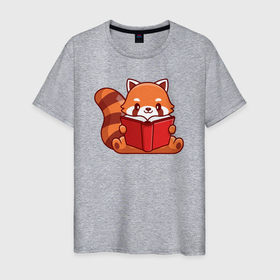 Мужская футболка хлопок с принтом Красная панда с книгой в Кировске, 100% хлопок | прямой крой, круглый вырез горловины, длина до линии бедер, слегка спущенное плечо. | 