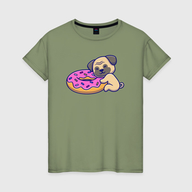 Женская футболка хлопок с принтом Бульдог с пончиком , 100% хлопок | прямой крой, круглый вырез горловины, длина до линии бедер, слегка спущенное плечо | 
