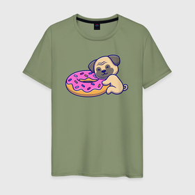 Мужская футболка хлопок с принтом Бульдог с пончиком в Белгороде, 100% хлопок | прямой крой, круглый вырез горловины, длина до линии бедер, слегка спущенное плечо. | 