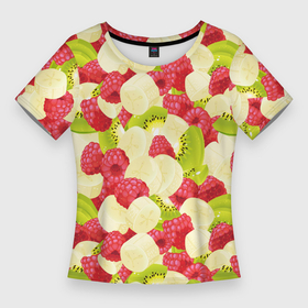 Женская футболка 3D Slim с принтом Фруктовые ломтики киви, банана и малина в Тюмени,  |  | 