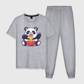 Мужская пижама хлопок с принтом Панда ест лапшу в Екатеринбурге, 100% хлопок | брюки и футболка прямого кроя, без карманов, на брюках мягкая резинка на поясе и по низу штанин
 | 
