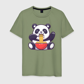 Мужская футболка хлопок с принтом Панда ест лапшу в Петрозаводске, 100% хлопок | прямой крой, круглый вырез горловины, длина до линии бедер, слегка спущенное плечо. | 