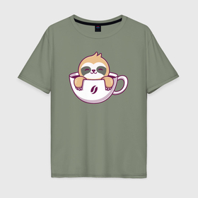 Мужская футболка хлопок Oversize с принтом Кофейный ленивец в Тюмени, 100% хлопок | свободный крой, круглый ворот, “спинка” длиннее передней части | 