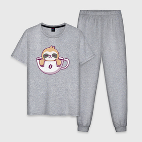 Мужская пижама хлопок с принтом Кофейный ленивец в Тюмени, 100% хлопок | брюки и футболка прямого кроя, без карманов, на брюках мягкая резинка на поясе и по низу штанин
 | Тематика изображения на принте: 