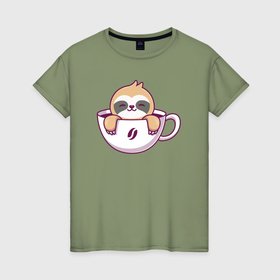 Женская футболка хлопок с принтом Кофейный ленивец в Новосибирске, 100% хлопок | прямой крой, круглый вырез горловины, длина до линии бедер, слегка спущенное плечо | 