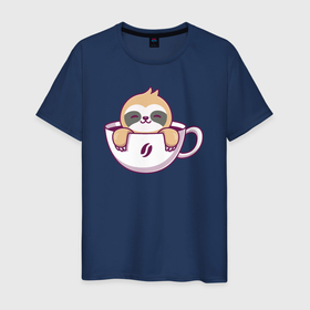 Мужская футболка хлопок с принтом Кофейный ленивец , 100% хлопок | прямой крой, круглый вырез горловины, длина до линии бедер, слегка спущенное плечо. | 