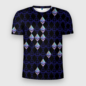 Мужская футболка 3D Slim с принтом Криптовалюта Ethereum на черном в Тюмени, 100% полиэстер с улучшенными характеристиками | приталенный силуэт, круглая горловина, широкие плечи, сужается к линии бедра | Тематика изображения на принте: 