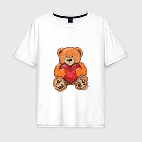 Мужская футболка хлопок Oversize с принтом Игрушечный мишка и сердце нарисованный карандашами в Санкт-Петербурге, 100% хлопок | свободный крой, круглый ворот, “спинка” длиннее передней части | 