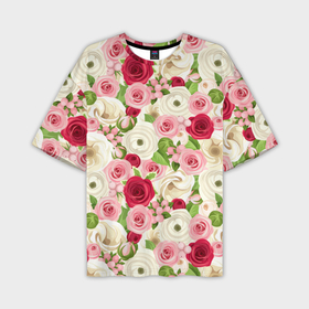 Мужская футболка oversize 3D с принтом Фон с розами, лизиантусами и цветами лютика в Санкт-Петербурге,  |  | Тематика изображения на принте: 
