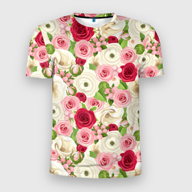 Мужская футболка 3D Slim с принтом Фон с розами, лизиантусами и цветами лютика в Кировске, 100% полиэстер с улучшенными характеристиками | приталенный силуэт, круглая горловина, широкие плечи, сужается к линии бедра | 