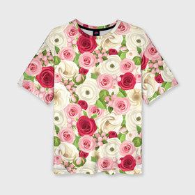 Женская футболка oversize 3D с принтом Фон с розами, лизиантусами и цветами лютика в Санкт-Петербурге,  |  | 