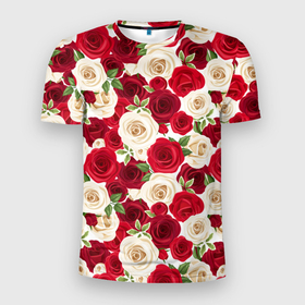 Мужская футболка 3D Slim с принтом Фон с красными и белыми розами в Курске, 100% полиэстер с улучшенными характеристиками | приталенный силуэт, круглая горловина, широкие плечи, сужается к линии бедра | Тематика изображения на принте: 