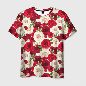 Мужская футболка 3D с принтом Фон с красными и белыми розами в Курске, 100% полиэфир | прямой крой, круглый вырез горловины, длина до линии бедер | Тематика изображения на принте: 