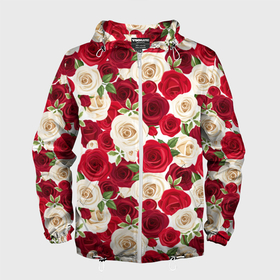 Мужская ветровка 3D с принтом Фон с красными и белыми розами в Тюмени, 100% полиэстер | подол и капюшон оформлены резинкой с фиксаторами, два кармана без застежек по бокам, один потайной карман на груди | 