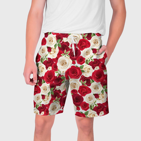 Мужские шорты 3D с принтом Фон с красными и белыми розами ,  полиэстер 100% | прямой крой, два кармана без застежек по бокам. Мягкая трикотажная резинка на поясе, внутри которой широкие завязки. Длина чуть выше колен | 