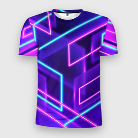 Мужская футболка 3D Slim с принтом Neon Geometric в Белгороде, 100% полиэстер с улучшенными характеристиками | приталенный силуэт, круглая горловина, широкие плечи, сужается к линии бедра | Тематика изображения на принте: 