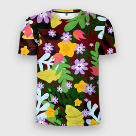 Мужская футболка 3D Slim с принтом Гавайская цветочная расцветка в Санкт-Петербурге, 100% полиэстер с улучшенными характеристиками | приталенный силуэт, круглая горловина, широкие плечи, сужается к линии бедра | 