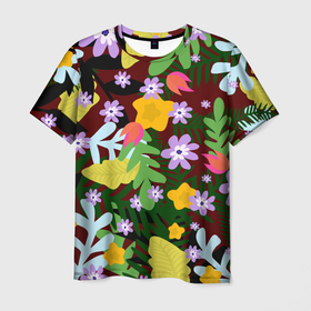 Мужская футболка 3D с принтом Гавайская цветочная расцветка , 100% полиэфир | прямой крой, круглый вырез горловины, длина до линии бедер | 