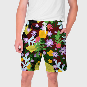 Мужские шорты 3D с принтом Гавайская цветочная расцветка ,  полиэстер 100% | прямой крой, два кармана без застежек по бокам. Мягкая трикотажная резинка на поясе, внутри которой широкие завязки. Длина чуть выше колен | 