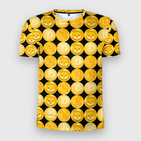 Мужская футболка 3D Slim с принтом Золотые монеты Биткоин, Доджкоин, Шиба ину паттерном в Тюмени, 100% полиэстер с улучшенными характеристиками | приталенный силуэт, круглая горловина, широкие плечи, сужается к линии бедра | 