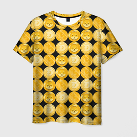 Мужская футболка 3D с принтом Золотые монеты Биткоин, Доджкоин, Шиба ину паттерном в Белгороде, 100% полиэфир | прямой крой, круглый вырез горловины, длина до линии бедер | 