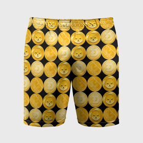 Мужские шорты спортивные с принтом Золотые монеты Биткоин, Доджкоин, Шиба ину паттерном ,  |  | 