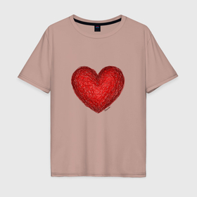 Мужская футболка хлопок Oversize с принтом Красное сердце нарисованное карандашами в Санкт-Петербурге, 100% хлопок | свободный крой, круглый ворот, “спинка” длиннее передней части | 