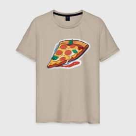 Мужская футболка хлопок с принтом Кусочек пиццы с помидорами в Санкт-Петербурге, 100% хлопок | прямой крой, круглый вырез горловины, длина до линии бедер, слегка спущенное плечо. | 