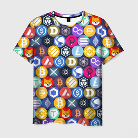 Мужская футболка 3D с принтом Криптовалюта Биткоин, Эфириум, Тетхер, Солана паттерн в Белгороде, 100% полиэфир | прямой крой, круглый вырез горловины, длина до линии бедер | Тематика изображения на принте: 