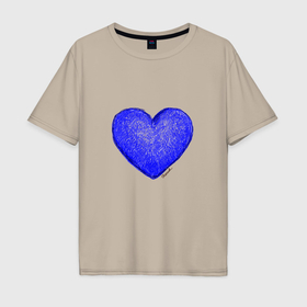 Мужская футболка хлопок Oversize с принтом Синее сердце нарисованное карандашами в Санкт-Петербурге, 100% хлопок | свободный крой, круглый ворот, “спинка” длиннее передней части | 
