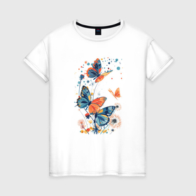 Женская футболка хлопок с принтом Одуванчики и бабочки в Белгороде, 100% хлопок | прямой крой, круглый вырез горловины, длина до линии бедер, слегка спущенное плечо | 