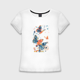 Женская футболка хлопок Slim с принтом Одуванчики и бабочки ,  |  | 