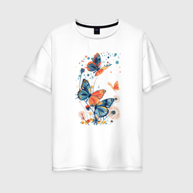 Женская футболка хлопок Oversize с принтом Одуванчики и бабочки в Белгороде, 100% хлопок | свободный крой, круглый ворот, спущенный рукав, длина до линии бедер
 | 