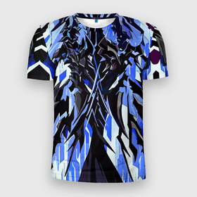 Мужская футболка 3D Slim с принтом Чёрный материал и синие полосы в Петрозаводске, 100% полиэстер с улучшенными характеристиками | приталенный силуэт, круглая горловина, широкие плечи, сужается к линии бедра | 