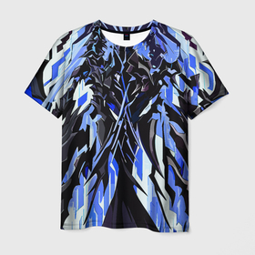 Мужская футболка 3D с принтом Чёрный материал и синие полосы в Петрозаводске, 100% полиэфир | прямой крой, круглый вырез горловины, длина до линии бедер | 