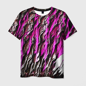 Мужская футболка 3D с принтом Камень и розовые полосы в Санкт-Петербурге, 100% полиэфир | прямой крой, круглый вырез горловины, длина до линии бедер | Тематика изображения на принте: 