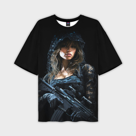 Мужская футболка oversize 3D с принтом Брюнетка снайпер в черном камуфляже в Санкт-Петербурге,  |  | 