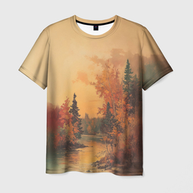 Мужская футболка 3D с принтом Осенний пейзаж лесной реки в Курске, 100% полиэфир | прямой крой, круглый вырез горловины, длина до линии бедер | 