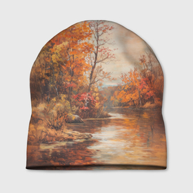 Шапка 3D с принтом Осенняя речка в Курске, 100% полиэстер | универсальный размер, печать по всей поверхности изделия | 