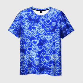 Мужская футболка 3D с принтом Неоновые сердечки синие в Белгороде, 100% полиэфир | прямой крой, круглый вырез горловины, длина до линии бедер | 