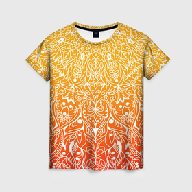 Женская футболка 3D с принтом Узоры мандала жёлто красный в Белгороде, 100% полиэфир ( синтетическое хлопкоподобное полотно) | прямой крой, круглый вырез горловины, длина до линии бедер | 