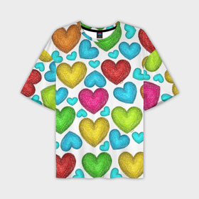 Мужская футболка oversize 3D с принтом Сердца нарисованные цветными карандашами в Екатеринбурге,  |  | 