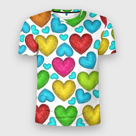 Мужская футболка 3D Slim с принтом Сердца нарисованные цветными карандашами в Курске, 100% полиэстер с улучшенными характеристиками | приталенный силуэт, круглая горловина, широкие плечи, сужается к линии бедра | 