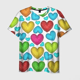Мужская футболка 3D с принтом Сердца нарисованные цветными карандашами в Екатеринбурге, 100% полиэфир | прямой крой, круглый вырез горловины, длина до линии бедер | 