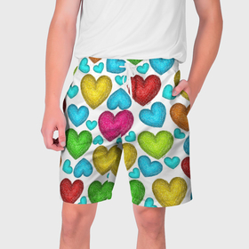 Мужские шорты 3D с принтом Сердца нарисованные цветными карандашами в Екатеринбурге,  полиэстер 100% | прямой крой, два кармана без застежек по бокам. Мягкая трикотажная резинка на поясе, внутри которой широкие завязки. Длина чуть выше колен | 