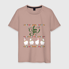 Мужская футболка хлопок с принтом Четыре ламы альпаки: i love you в Санкт-Петербурге, 100% хлопок | прямой крой, круглый вырез горловины, длина до линии бедер, слегка спущенное плечо. | Тематика изображения на принте: 