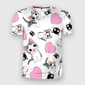 Мужская футболка 3D Slim с принтом Влюблённый котик аниме и сердечки в Новосибирске, 100% полиэстер с улучшенными характеристиками | приталенный силуэт, круглая горловина, широкие плечи, сужается к линии бедра | Тематика изображения на принте: 